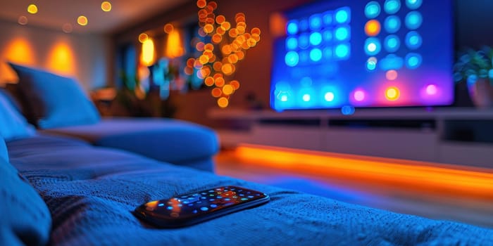 A remote control device rests on a cozy couch in a living room setting, ready for use in a home cinema setup.