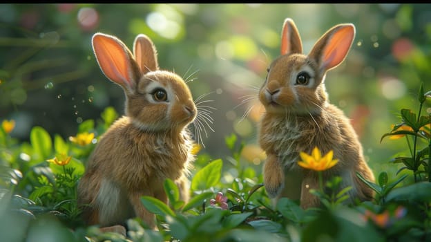 Two brown rabbits are sitting peacefully in the grassy field.