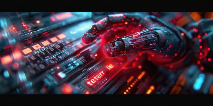 A detailed view of a futuristic device featuring red lights, showcasing intricate design elements.