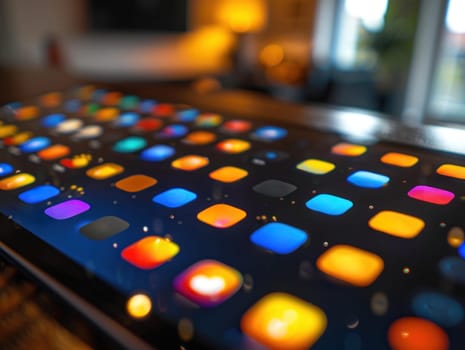 A detailed view of a table covered with an array of differently colored squares.