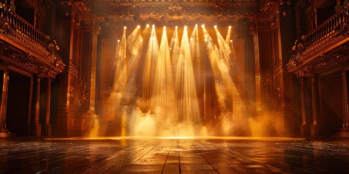 A stage filled with a multitude of bright lights shining down, illuminating the area.