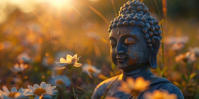 A Buddha statue sitting amongst a field of daisies.