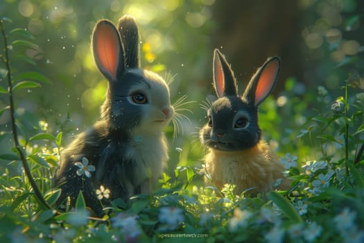 A pair of rabbits relaxing in a grassy field.