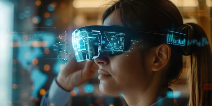 A woman wearing virtual glasses, experiencing a digital world through advanced technology.