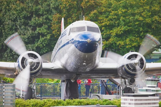 The Hague, Netherlands, August 30, 2023: Old plane in Madurodam park.