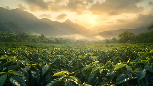 The sun is casting a warm glow over a tea plantation, with towering mountains in the background. The sky is painted with hues of orange and pink, creating a stunning natural landscape