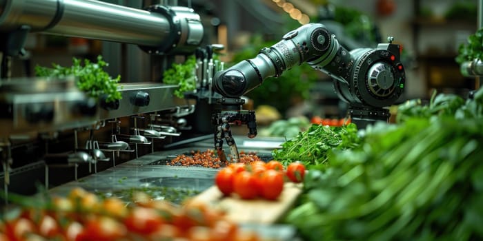 A robot efficiently sorting various vegetables on a production line in a factory setting.