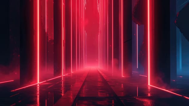 A digital illustration of a futuristic corridor bathed in vibrant neon lights, with a perspective that draws the eye towards infinity. Resplendent.