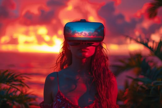 A woman wearing VR headset user, surreal world and virtual reality, colorful flowers fields. Generative AI.