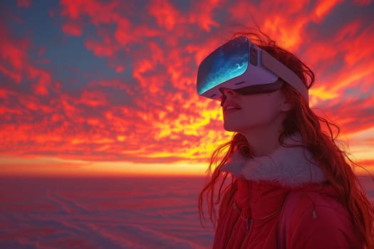 A woman wearing VR headset user, surreal world and virtual reality, colorful flowers fields. Generative AI.