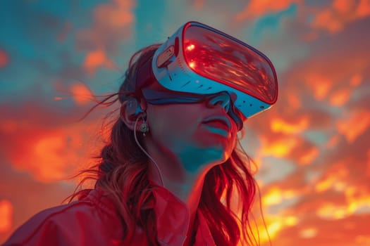 A woman wearing VR headset user, surreal world and virtual reality, colorful flowers fields. Generative AI.