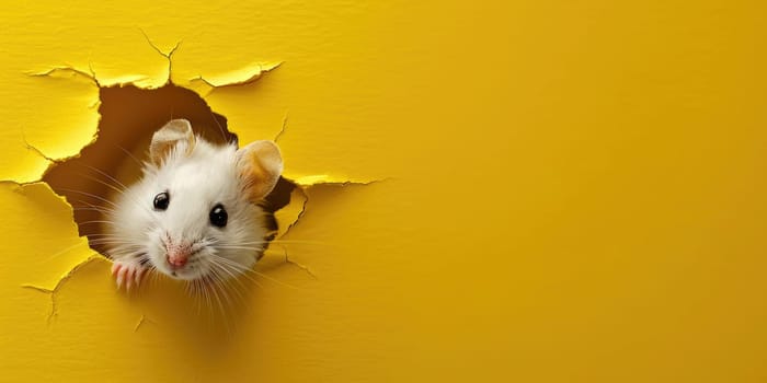 Close up view picture of the hollow yellow hole on the the wall that show the hamster stay inside the wall that has been made from some material yet still can break to look through other side. AIGX03.