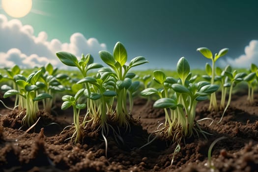 Abstract background from seedlings growing in the ground, warm spring. AI generated image.