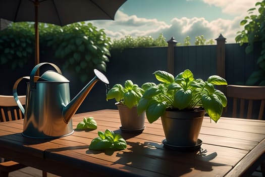fresh young growing basil in a pot. AI generated image.