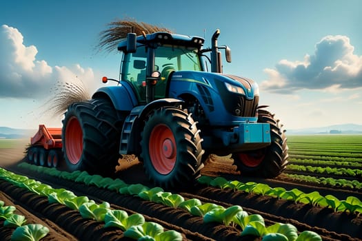 Tractor in a field planting vegetables in early spring. AI generated image.