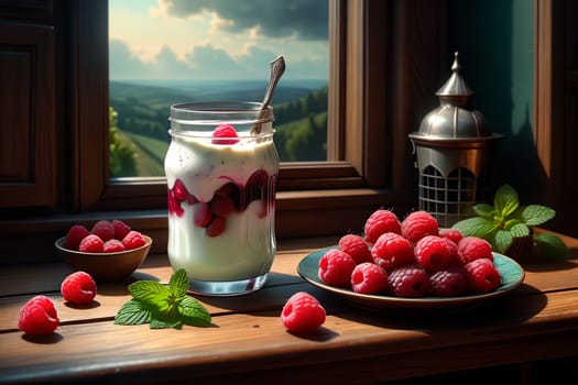 Sweet cooked homemade yogurt with fresh raspberries in a glass . AI generated image.