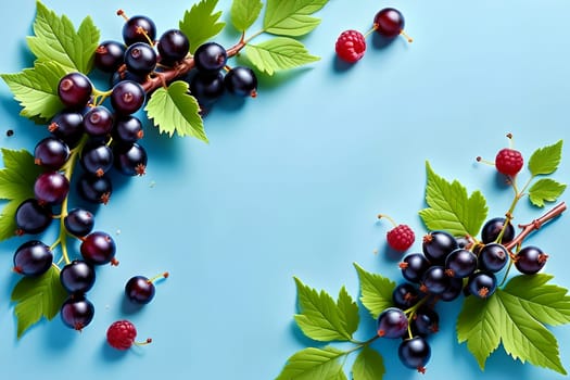 Blue background with black currants. AI generated image.