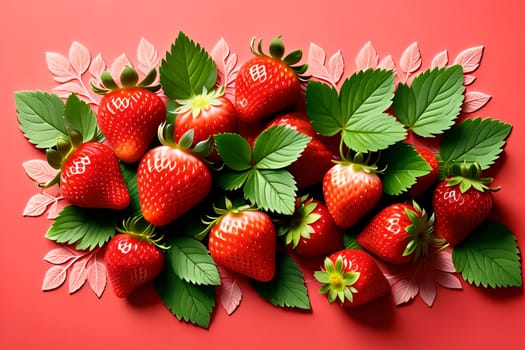 Red background with red strawberries. AI generated image.