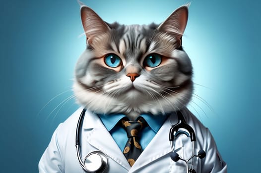 cat doctor isolated on a light blue background. AI generated image.