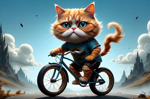 athlete cat rides a bicycle. AI generated image.