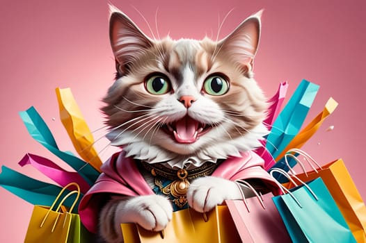fashionable cat with shopping. AI generated image.