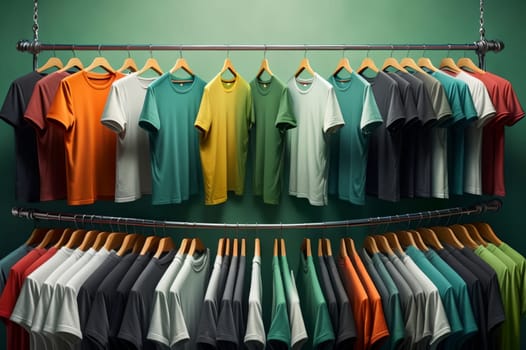 multi-colored t-shirts on hangers in a store. AI generated image.