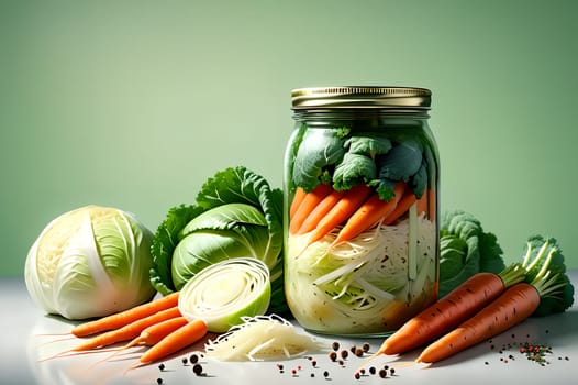 Sauerkraut with carrots and spices in a glass jar. AI generated image.