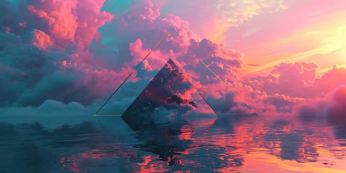 The double exposure floating triangle beyond the sky that surrounded with cloudscape at the dawn or dusk time of the day that shine the light and bright to the every part of the endless sky. AIGX03.