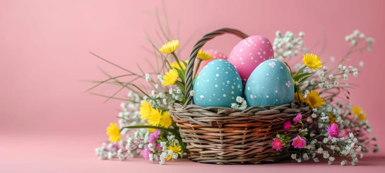 Easter holiday celebration banner greeting card banner with easter eggs and flowers on a pink background.