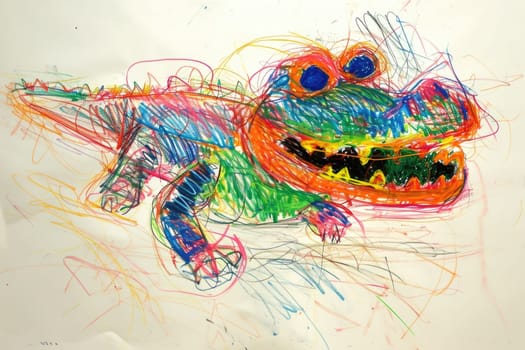 The hand drawing colourful picture of the single alligator or the crocodile that has been drawn by the colored pencil or the crayon on the white background that seem to be drawn by the child. AIGX01.