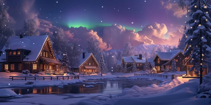 Snow-covered cabins glow warmly beneath the stunning aurora borealis in a serene winter landscape. Resplendent.