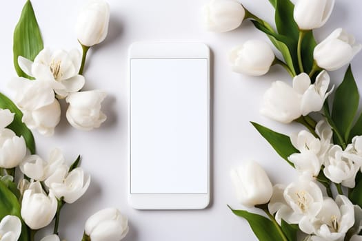 Smartphone mockup with white tulips. Smartphone screen mockup on white background for presentation or app design.