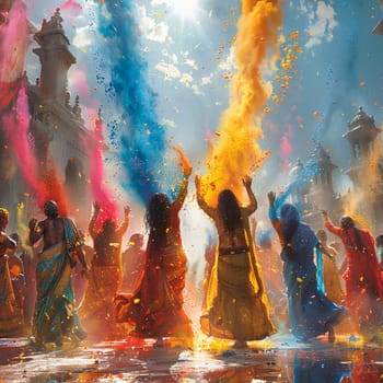 Surreal depiction of people in diverse traditional costumes, joyously throwing colored powder for Holi.