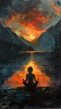 Serene painting of woman practicing yoga by lake at dawn, celebrating Women's Day.