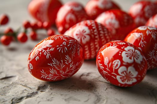 Red and white Easter eggs on a marble surface. Top view, Easter background.