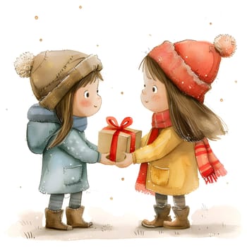 Two little girls, wearing winter outerwear and hats, stand together holding a gift box. They exchange smiles and a happy gesture in a cartoonlike scene at a joyful event