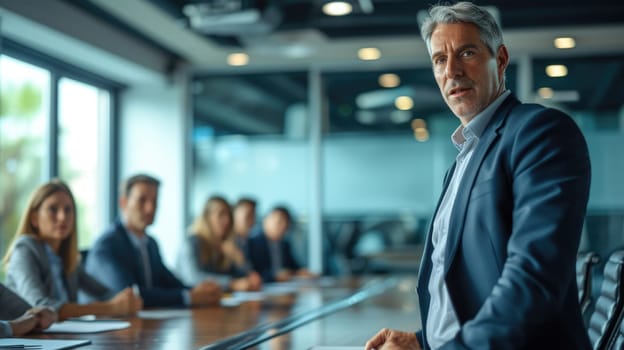 A confident senior executive stands at the head of the boardroom table, leading a strategic meeting with the corporate team. AIG41