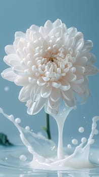 A peachcolored artificial flower is gracefully placed in a vase, its petals delicately splashing milk into the water, creating a mesmerizing piece of art