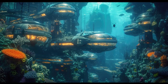 An underwater city with bioluminescent coral, schools of colorful fish, and ancient ruins, all illuminated by the eerie glow of an underwater volcano. Resplendent.