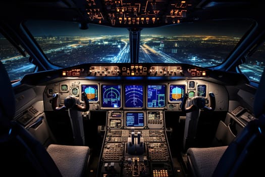 Inside view of an airplane cockpit with a glowing instrument panel.