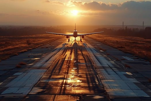 Top view of the runway with an airplane at sunset, dawn.