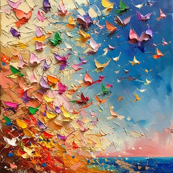Abstract acrylic painting of colorful kites soaring high for Pakistani Spring Festival
