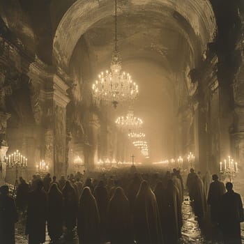 Sepia-toned photograph of solemn Good Friday vigil in ancient cathedral