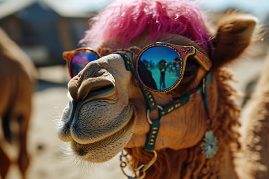 Hippie camel with a pink mane in sunglasses on a blurred background.