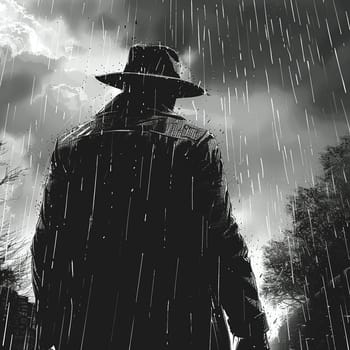 Classic noir style illustration of detective solving mystery on rainy World Water Day