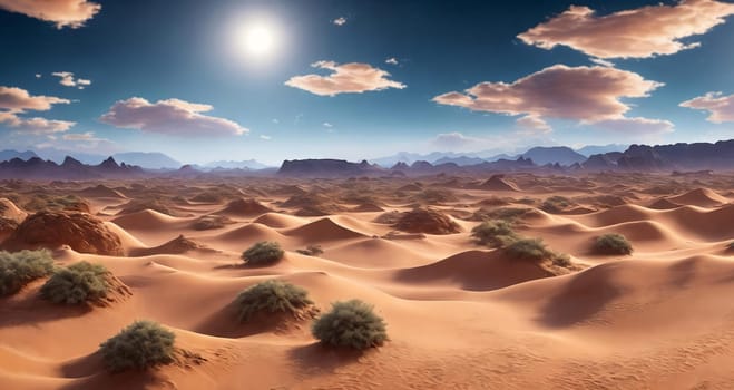 A vast desert expanse with rolling dunes under a cloudy, sunny sky. Generative AI