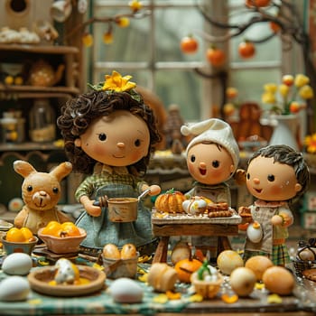 Stop-motion scene of family preparing feast for cozy Easter celebration