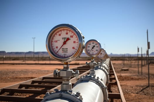 Pipeline with pressure gauges in an oil field in a desert area.