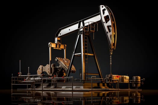 Gold model of an oil pump on a black mirror background.