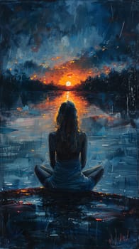 Serene painting of woman practicing yoga by lake at dawn, celebrating Women's Day.